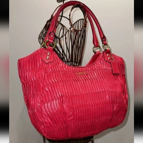PRISTINE! COACH ASHLEY GATHERED LEATHER SHOULDER TOTE (#F23928)BRASS/RASPBERRY. - Picture 5 of 12